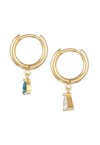 Goldene Creolen mit einem tropfenförmigen Türkisstein und einem klaren Kristall, beide mit zarten goldenen Akzenten befestigt.