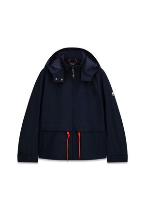 Marineblaue Kapuzenjacke mit Frontreißverschluss, verstellbaren roten Kordeln, Druckknopfkragen und langen Ärmeln mit einem Logopatch am linken Arm.