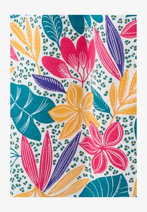 Tessuto floreale bianco con grandi foglie e fiori in turchese, rosa, giallo e viola, con dettagli tratteggiati e piccoli punti distribuiti.