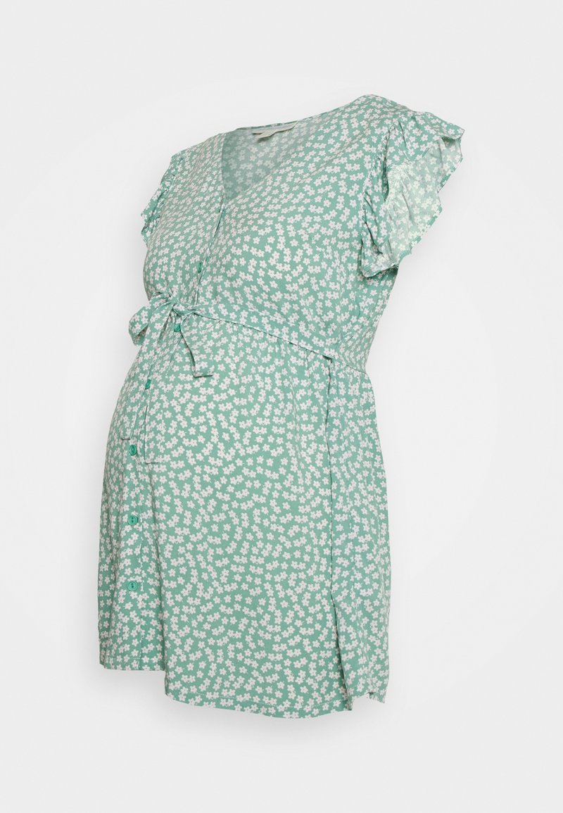Vestido de maternidade floral verde com mangas curtas em babados, design envolvente, laço na cintura e fecho de botão na frente.