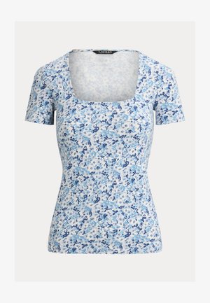 Priliehavý top s krátkym rukávom a štvorcovým výstrihom, zdobený modrým kvetinovým vzorom na bielom podklade.