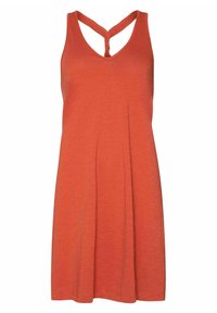 Robe sans manches orange avec un col en V et un dos croisé. Fabriquée en tissu léger, elle présente une coupe décontractée et de subtiles plissures.