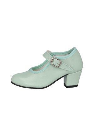 Zapato Mary Jane verde menta con punta redondeada, correa con hebilla, material de imitación de cuero y tacón medio en bloque. Suela de goma texturizada.