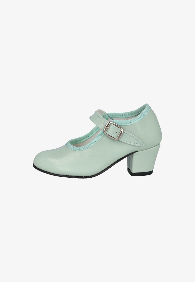 Zapato Mary Jane verde menta con punta redondeada, correa con hebilla, material de imitación de cuero y tacón medio en bloque. Suela de goma texturizada.