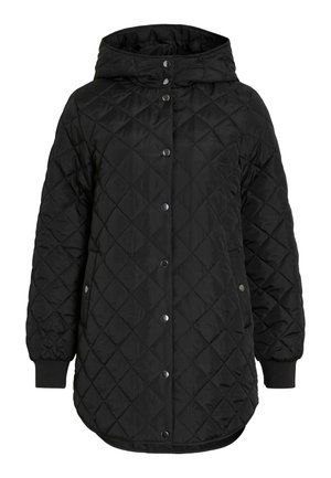 Veste matelassée noire avec capuche, dotée d'une fermeture à boutons, de poignets côtelés et d'un ourlet long. Le tissu est lisse avec une finition mate.