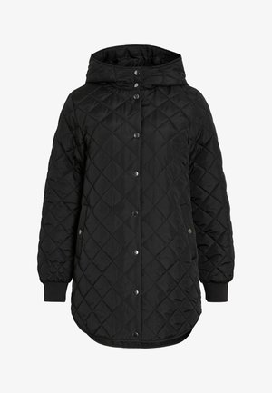 Veste matelassée noire avec capuche, dotée d'une fermeture à boutons, de poignets côtelés et d'un ourlet long. Le tissu est lisse avec une finition mate.