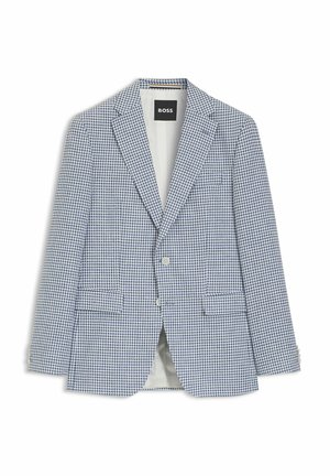 Herrenblazer in Blau und Weiß mit Hahnentrittmuster, zwei Knöpfen vorne und schmalen Revers, mit dem Etikett "BOSS" im Krageninnenteil.
