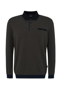 Dunkelolivgrünes Poloshirt mit langen Ärmeln und einem marineblauen Kragen, einer Fünf-Knopf-Leiste, strukturiertem Stoff und einer kleinen Brusttasche.