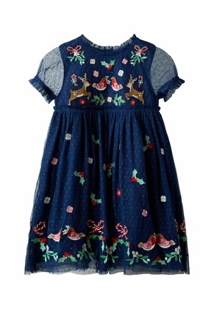 Navy blue children's dress with sheer sleeves, decorated with embroidered reindeer, birds, holly, flowers, and candy cane motifs.