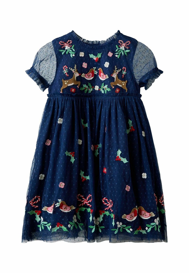 Robe pour enfant bleu marine avec manches transparentes, décorée de motifs brodés de rennes, oiseaux, houx, fleurs et cannes en sucre d'orge.