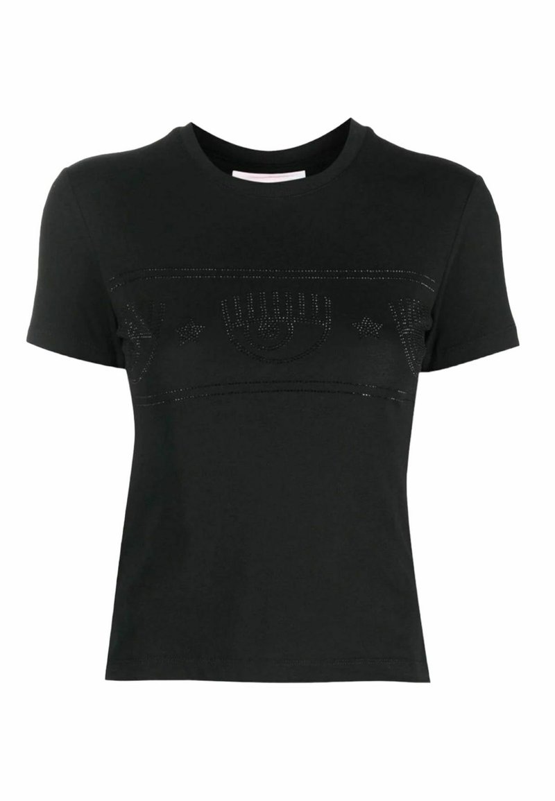 Schwarzes Baumwoll-T-Shirt mit kurzen Ärmeln, das ein strukturiertes Grafikdesign über der Brust aufweist. Rundhalsausschnitt und normale Passform.