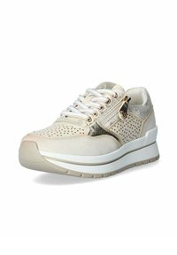 Scarpe da corsa beige con tomaia perforata, dettagli metallici, intersuola bianca e finiture texturizzate. Presentano lacci e chiusura con zip laterale.