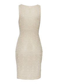 Abito beige senza maniche con intricate texture, caratterizzato da una forma aderente e un collo rotondo.