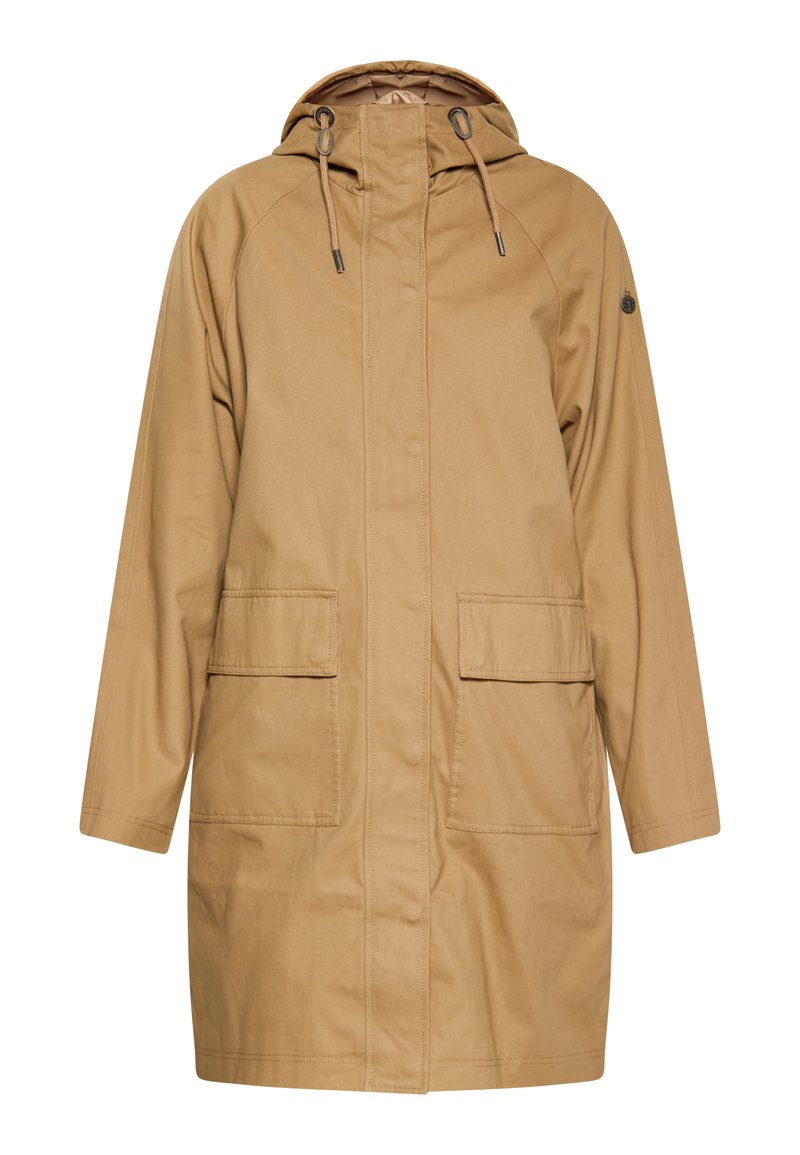 Manteau capuchon beige à coupe droite, doté de deux poches avant, d'accents à cordon de serrage et d'une texture lisse. Convient à diverses occasions.
