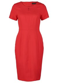 Kort rood jurkje met korte mouwen, een aansluitend silhouet, een ronde halslijn en flatterende naden. Het materiaal lijkt glad te zijn met een subtiele glans.