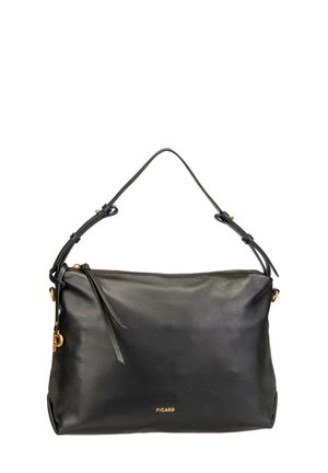 Schwarze Ledertasche mit verstellbarem Schulterriemen, goldfarbigem Reißverschluss und "PICARD"-Logo in goldener Schrift auf der Vorderseite.