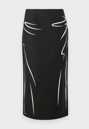 Black knee-length pencil skirt with white abstract curved line patterns on front sides.