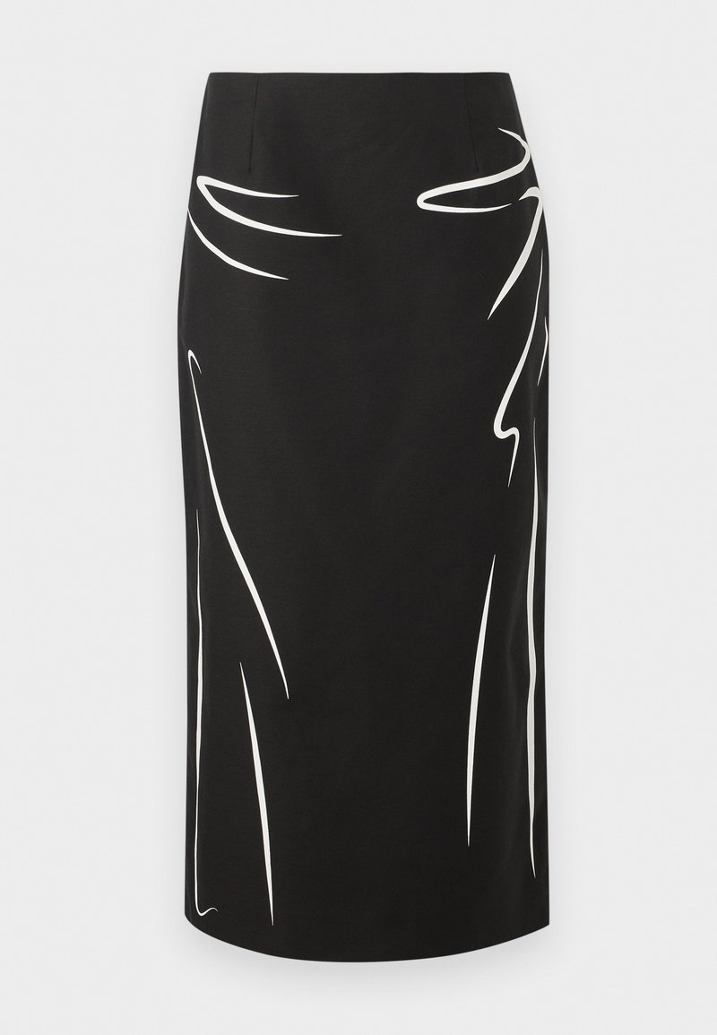 Black knee-length pencil skirt with white abstract curved line patterns on front sides.