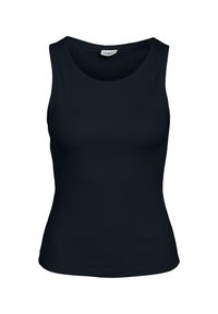 Top de tirantes negro sin mangas en textura acanalada con escote redondo. Presenta una forma ajustada y sin patrones ni acentos visibles.