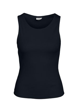Czarny, bezrękawnik w fakturze prążkowanej z okrągłym dekoltem. Posiada dopasowany krój i brak widocznych wzorów czy akcentów.