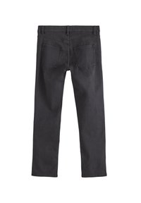 Svarta denimjeans med rak passform, med bakfickor och medelhög midja. Slät textur och ren fåll utan synliga dekorationer.