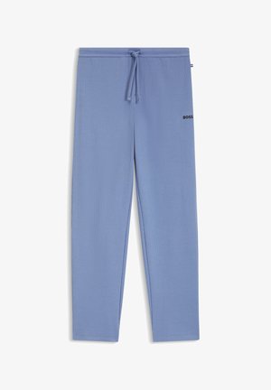 Pantaloni azzurro chiaro con trama, dotati di vita con coulisse e tasche laterali. Presentano un piccolo logo nero "BOSS" sulla gamba sinistra.