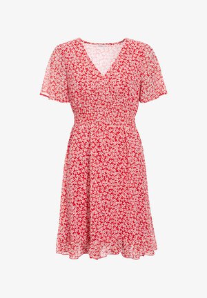 Rød blomsterkjole med korte ærmer, V-udskæring og smocket talje. Har hvide blomster mønstre på et gennemsigtigt stof. Flydende kant.