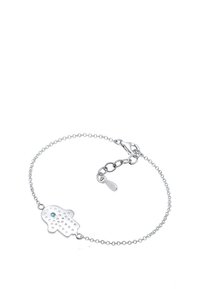 Silverarmband med hamsahand som charm, med ett prickigt mönster och en blå accentsten. Kedjedesign med justerbar lås för storleksanpassning.