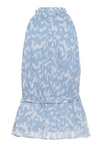 Jupe bleu clair avec un motif abstrait blanc, bas évasé, taille froncée et ceinture à nouer. Fabriquée à partir d'un tissu doux et fluide.