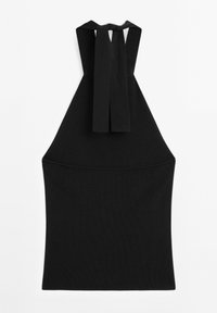 Top halter nero realizzato in tessuto a coste, con design con cordoncino sul retro e superficie liscia. Silhouette semplice e aderente senza decorazioni.