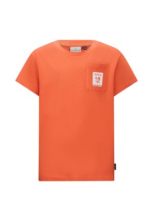 Oranges Baumwoll-T-Shirt mit kurzen Ärmeln, Rundhalsausschnitt und einer Brusttasche mit einem weißen "TROPICAL ENDLESS SUMMER"-Label.