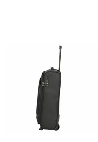 Black wheeled suitcase with a telescopic handle, textured fabric, dual zipper closures, and a side pocket for additional storage.