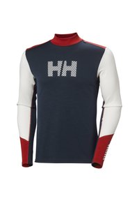 Marine blauwe langemouwen top met rode accenten en witte mouwen. Voorzien van een hoge kraag en een gestreept "HH" logo op de voorkant. Gemaakt van gestructureerde stof.