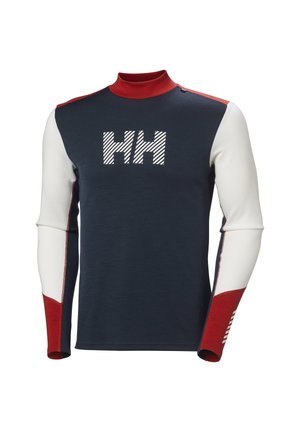 Camiseta de manga larga azul marino con acentos rojos y mangas blancas. Presenta un cuello alto y un logo de rayas "HH" en el frontal. Tejido texturizado.
