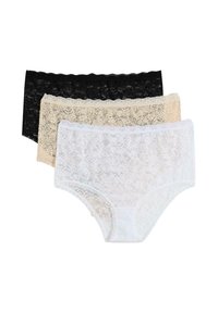 Set di mutandine in pizzo composto da tre paia nei colori nero, beige e bianco. Ogni paio presenta una vita ondulata e un motivo floreale in pizzo.