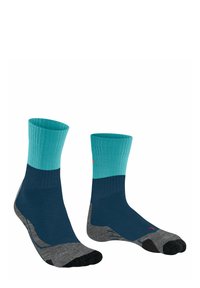 Blaue und türkisfarbene Crew-Socken mit gerippten Bündchen, verstärkter Ferse und Zehen sowie grauen Akzenten. Glatte Textur mit sportlichem Design.