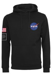 Fekete kapucnis póló, kék és fehér NASA logóval, elülső kenguru zsebbel, zsinórokkal és zászló képpel a bal ujjon.