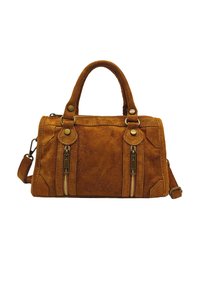 Sac à main en daim marron avec deux zips latéraux, quincaillerie en laiton et doubles poignées supérieures. Comprend une bandoulière amovible et un tissu texturé.