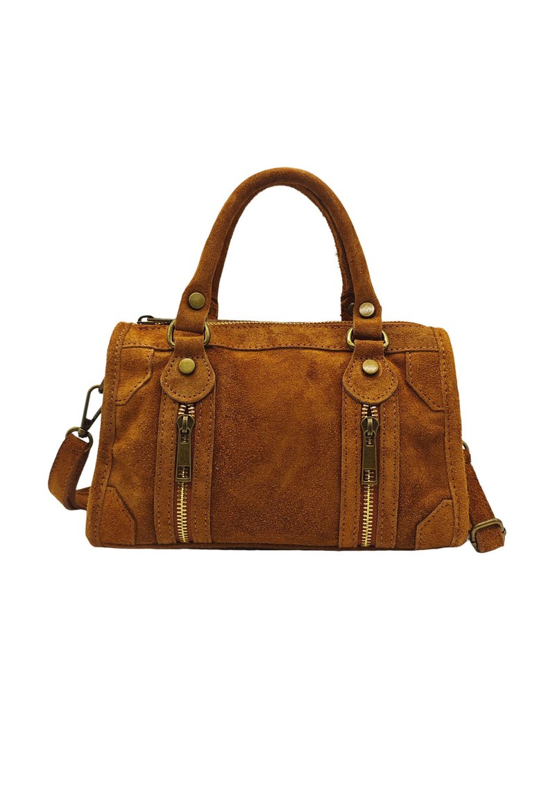 Sac à main en daim marron avec deux zips latéraux, quincaillerie en laiton et doubles poignées supérieures. Comprend une bandoulière amovible et un tissu texturé.