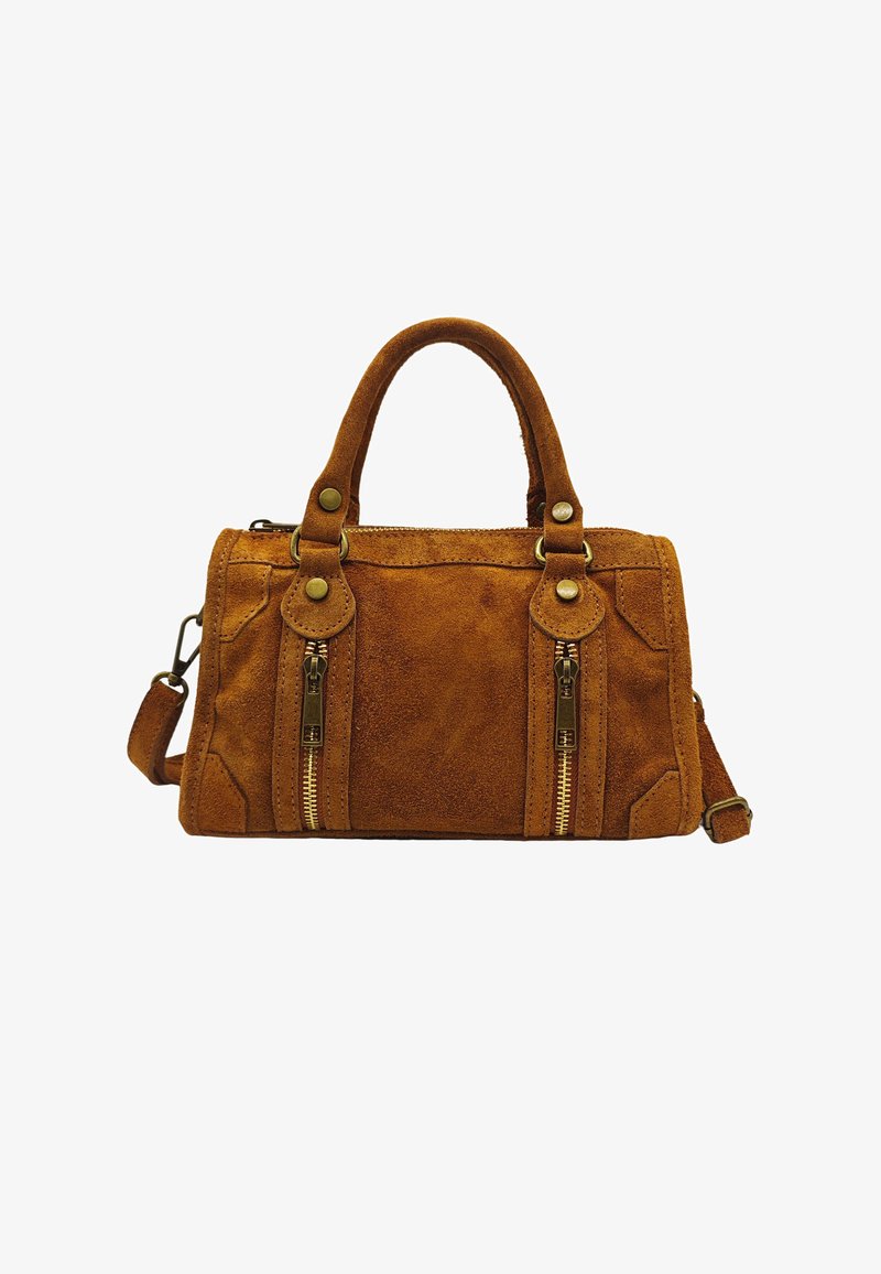 Sac à main en daim marron avec deux zips latéraux, quincaillerie en laiton et doubles poignées supérieures. Comprend une bandoulière amovible et un tissu texturé.