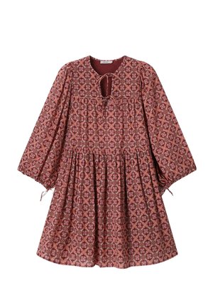 Long-sleeve, loose-fit dress with a red geometric floral pattern, round neckline with front keyhole and tie details, and gathered waist.