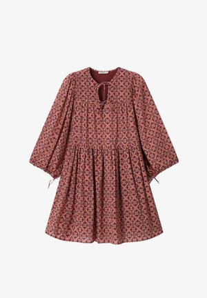 Long-sleeve, loose-fit dress with a red geometric floral pattern, round neckline with front keyhole and tie details, and gathered waist.