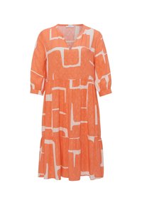 Orangefarbenes, gemustertes Kleid mit V-Ausschnitt, drei Viertelarmen und einem gestuften Rock. Verfügt über weiße geometrische Formen und einen strukturierten Stoff.