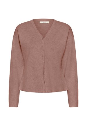 Rosa cardigan med V-ringning, långa ärmar, knäppning med knappar och en något utsvängd nederkant. Tillverkad av ett mjukt, lättstickat material.