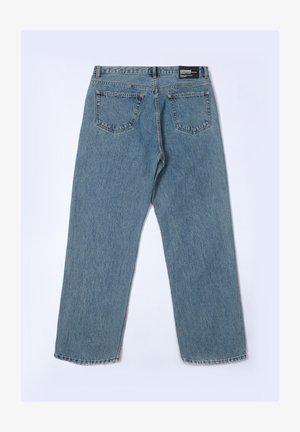 Blauwe spijkerbroek met een rechte pijp, met een hoge taille, vijf zakken en stikdetails. Achterlabel zichtbaar op de tailleband.