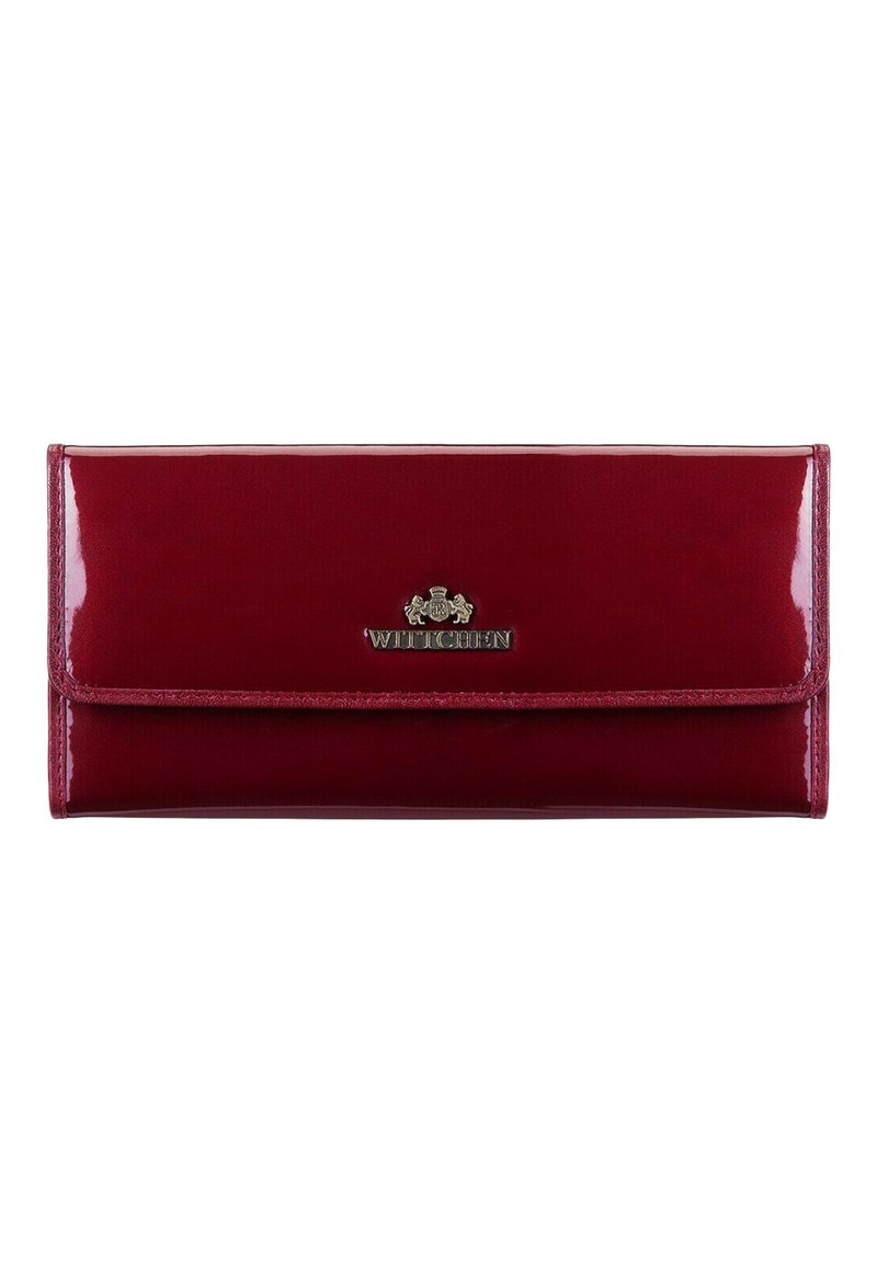Lesklá vínová peněženka s klopným uzávěrem, embosovaným logem značky a čistými liniemi. Vyrobeno z umělého materiálu s hladkým povrchem.