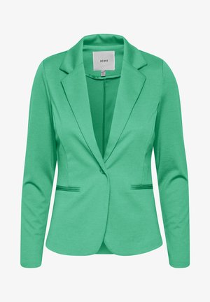 Zöld blézer egysoros gombbal, hajtott gallérral és két elülső zsebbel. Puha anyagból készült, sima textúrával. Kényelmes dizájn.