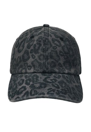 Casquette de baseball gris foncé avec un motif léopard noir subtil et une visière incurvée, vue de face.