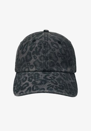 Casquette de baseball gris foncé avec un motif léopard noir subtil et une visière incurvée, vue de face.