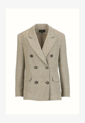 Blazer beige croisé à six boutons foncés, revers crantés, deux poches à rabat sur le devant et doublure intérieure lisse.